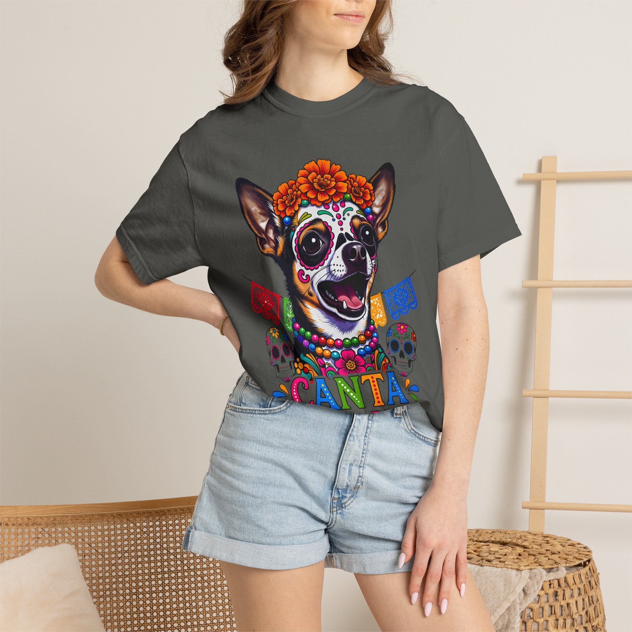Day of the Dead Chihuahua T-Shirt — "Canta Con El Alma" Colorful Sugar Skull Tee