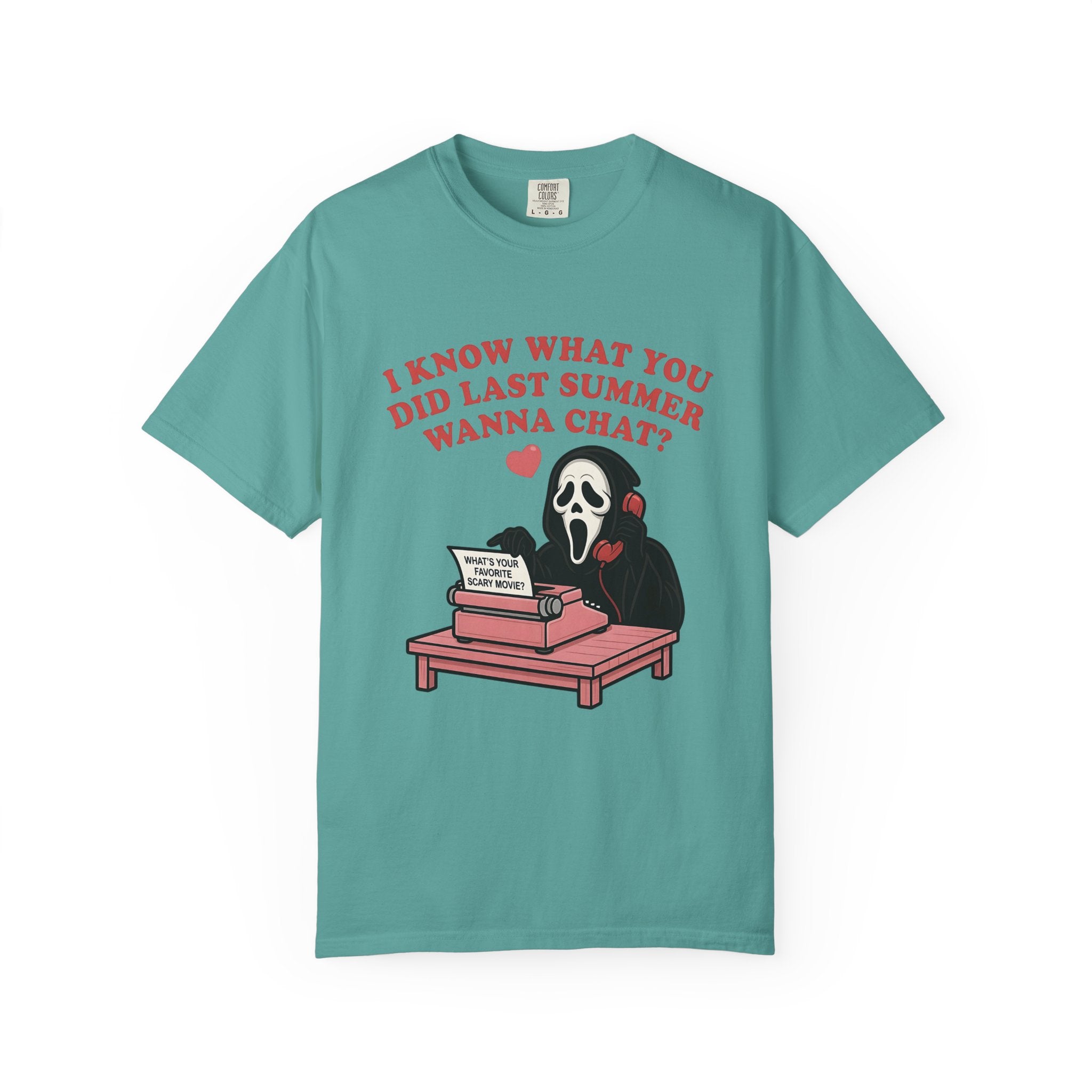 Scream Typewriter Tee — "I Know What You Did Last Summer, Wanna Chat?" Horror Graphic T-Shirt