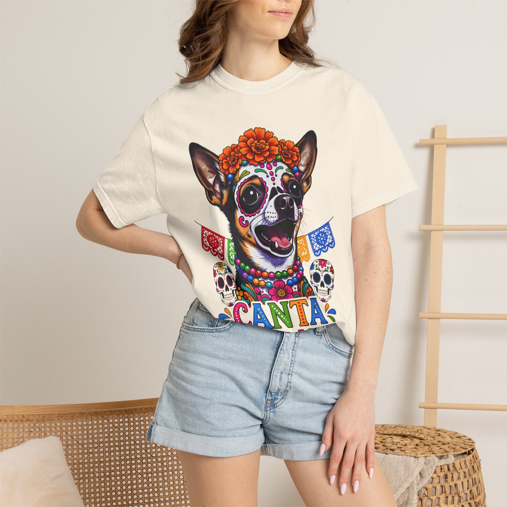 Day of the Dead Chihuahua T-Shirt — "Canta Con El Alma" Colorful Sugar Skull Tee