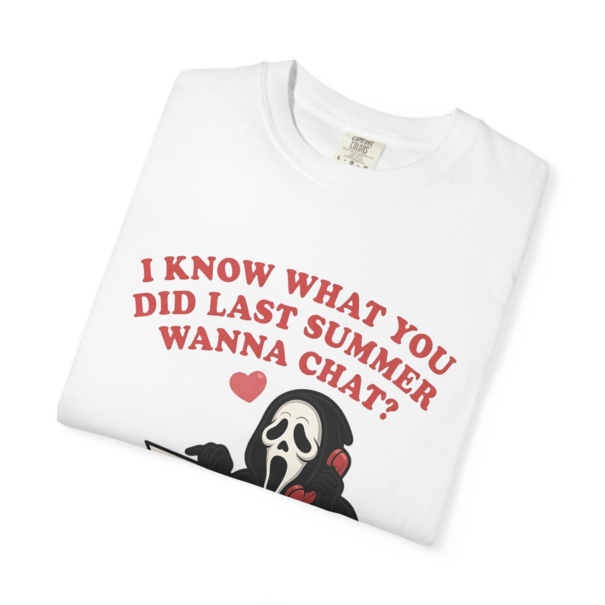 Scream Typewriter Tee — "I Know What You Did Last Summer, Wanna Chat?" Horror Graphic T-Shirt