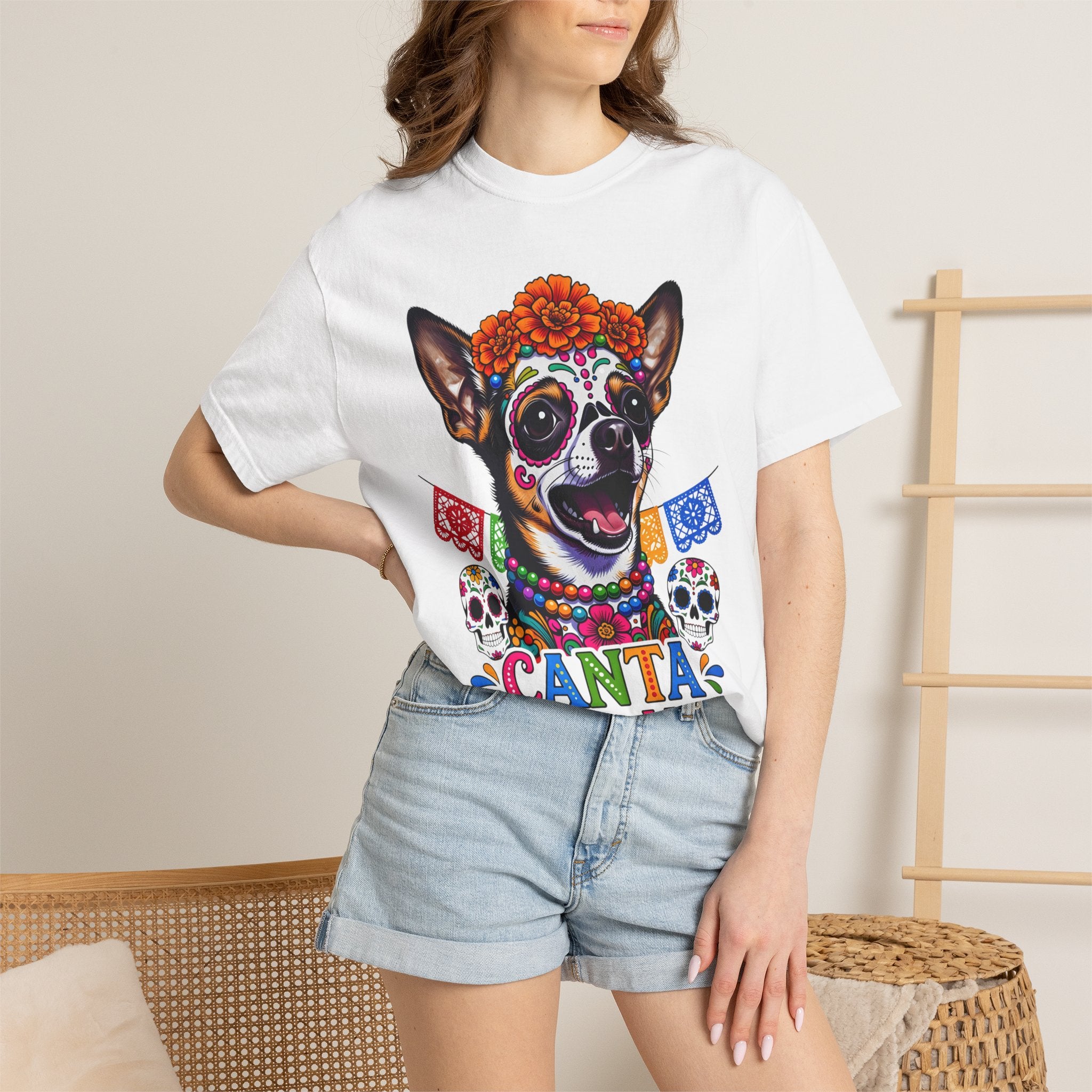 Day of the Dead Chihuahua T-Shirt — "Canta Con El Alma" Colorful Sugar Skull Tee