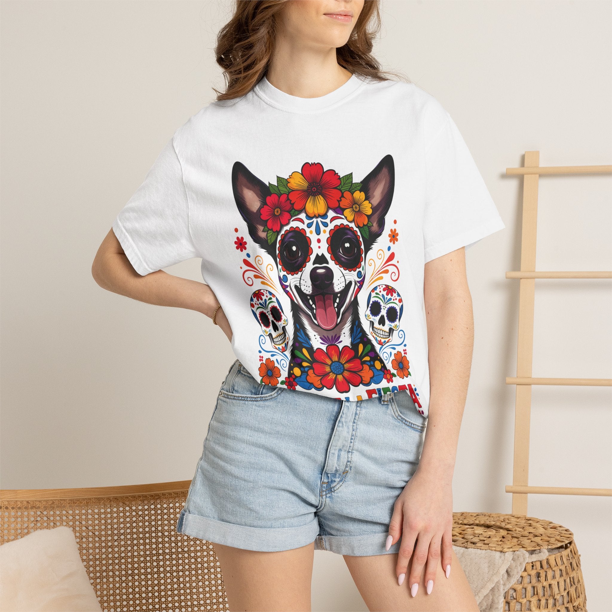 Day of the Dead Chihuahua T-Shirt — "El Rey de la Fiesta" Sugar Skull Tee