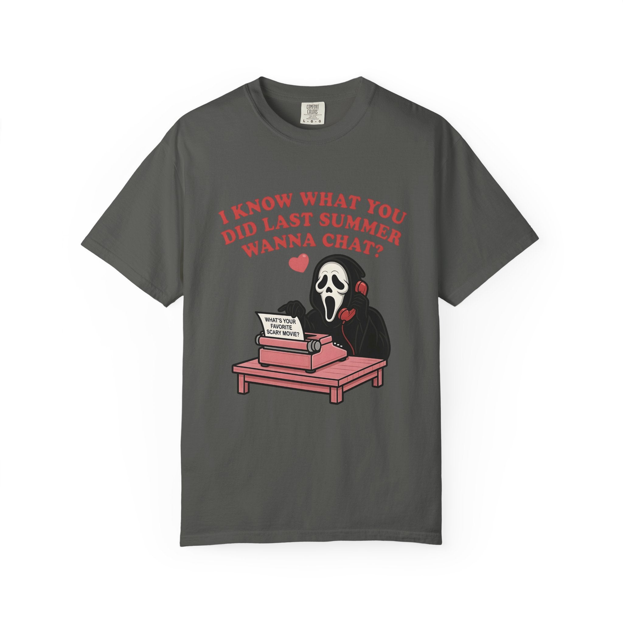 Scream Typewriter Tee — "I Know What You Did Last Summer, Wanna Chat?" Horror Graphic T-Shirt
